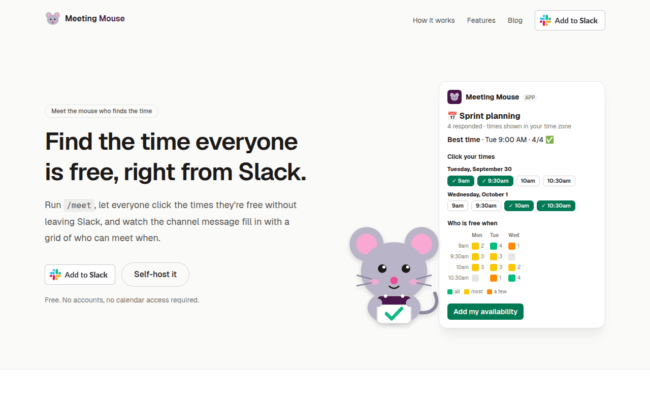 The Meeting Mouse homepage with the Add to Slack button